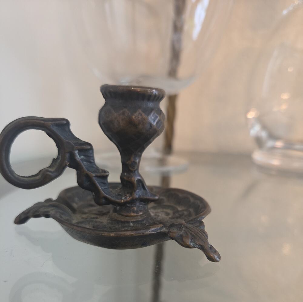Antique Brass Chamberstick Candlestick Holder With Scottish Thistle Design